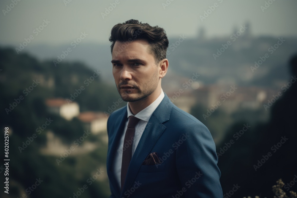 Portrait of a handsome young man in a blue suit on the background of the city Portrait of a handsome young man in a blue suit on the background of the city