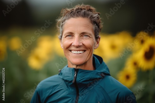 Portrait of smiling middle-aged woman with sunflowers in background