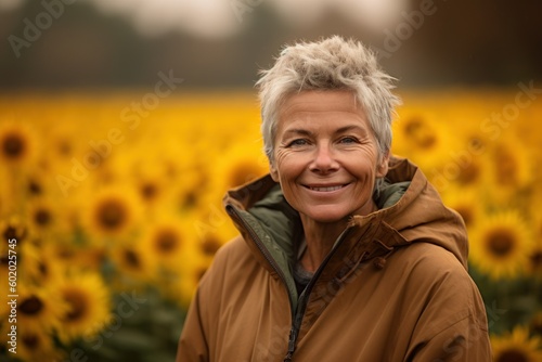 Group portrait photography of a grinning woman in her 50s wearing a warm parka against a sunflower field or vibrant landscape background. Generative AI