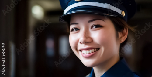 An Asian police woman dressed in her police uniform stands in a public area, and she has a smile on her face. generative AI