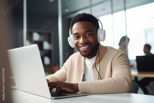 A male office worker concentrates on his computer screen amidst the sleek, contemporary setting of his workplace. generative AI