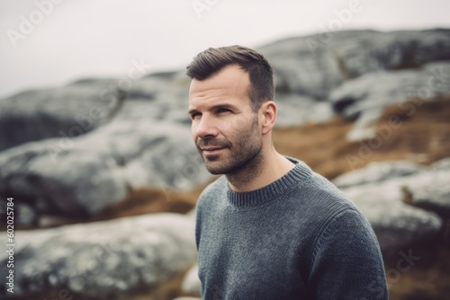 Portrait of a handsome man in a gray sweater on the rocks
