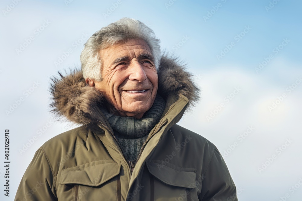Portrait of senior man in winter jacket against blue sky with clouds