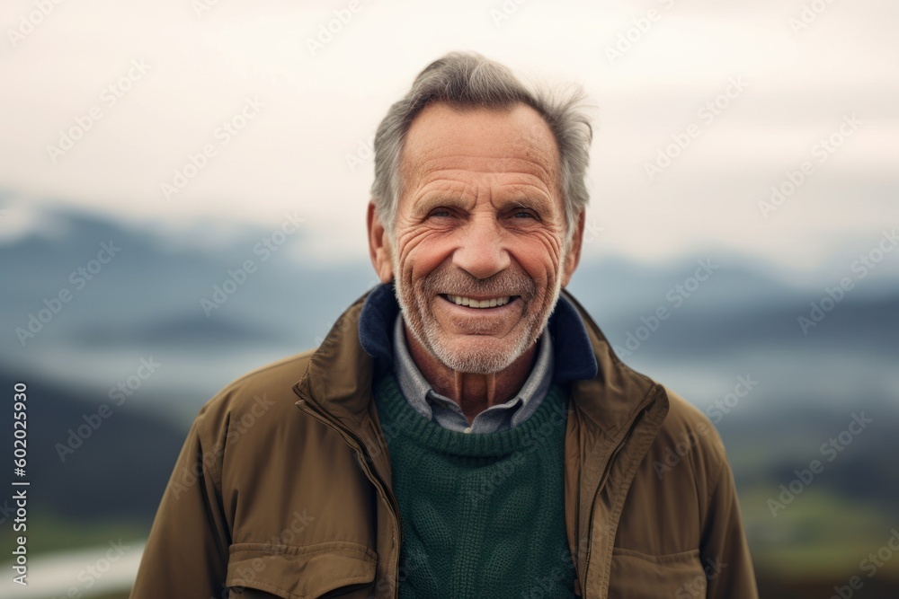 Portrait of smiling senior man looking away while standing on top of mountain Portrait of smiling senior man looking away while standing on top of mountain