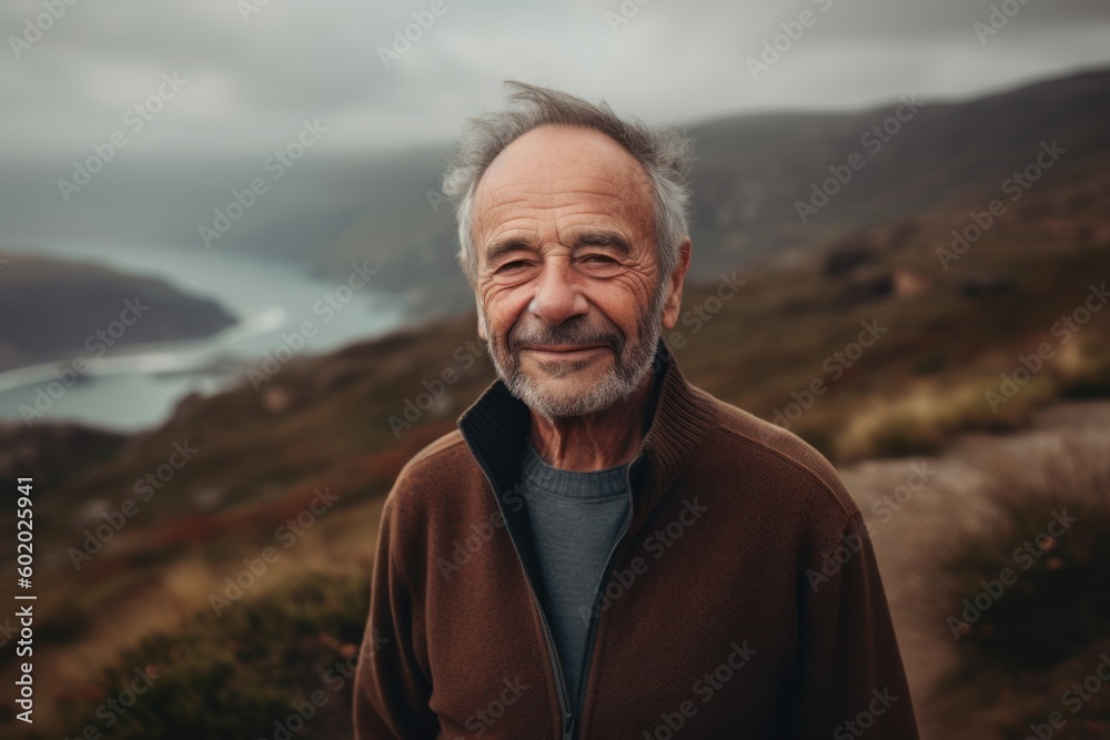Portrait of a smiling senior man standing in the mountains on a cloudy day