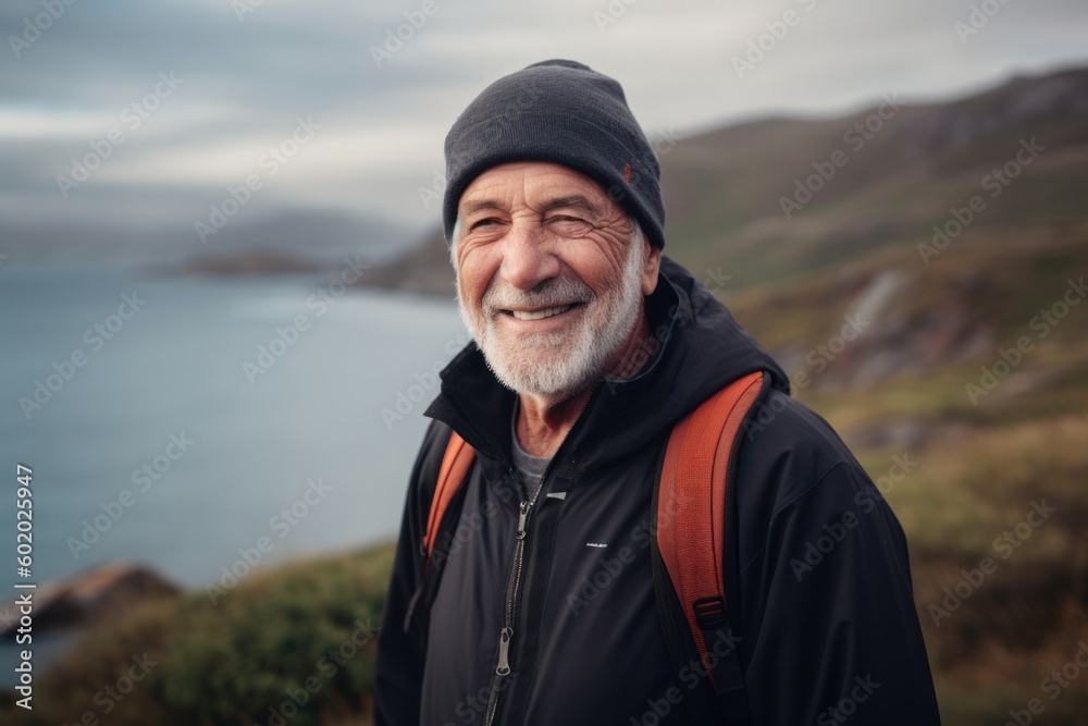 Portrait of happy senior man with backpack standing on top of mountain and looking at camera Portrait of happy senior man with backpack standing on top of mountain and looking at camera