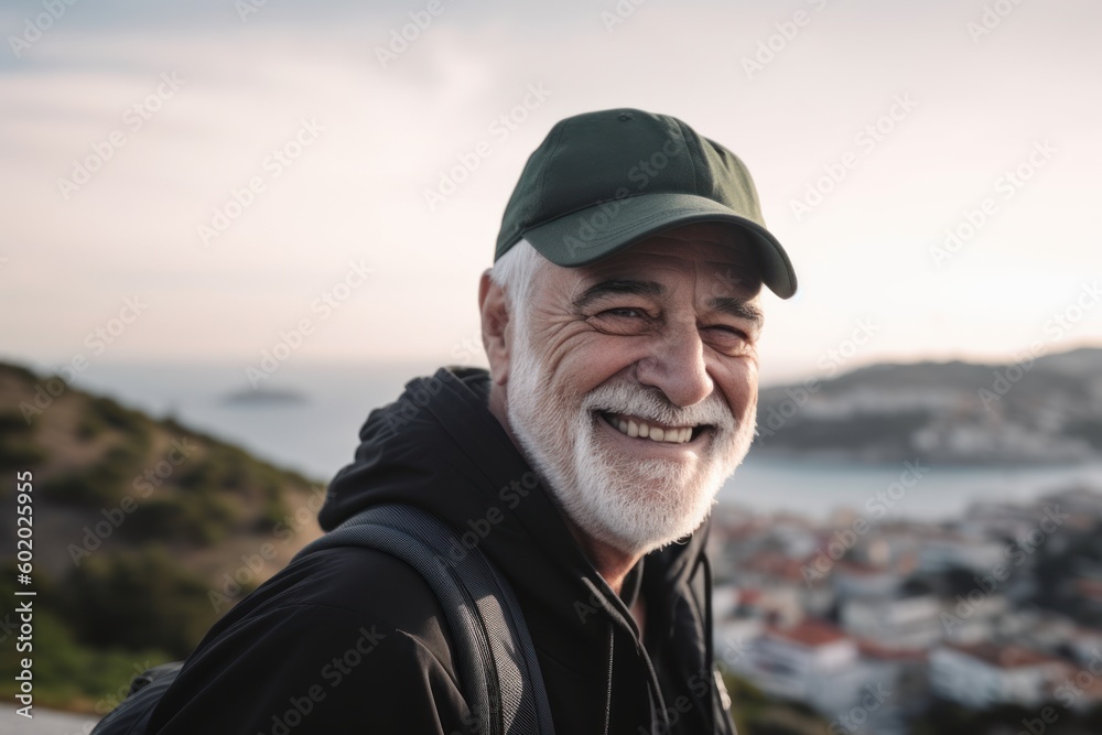 Portrait of smiling senior man with cap and jacket standing on hilltop