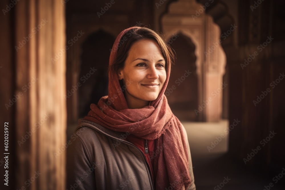 Portrait of a beautiful young woman with red scarf at the mosque Portrait of a beautiful young woman with red scarf at the mosque