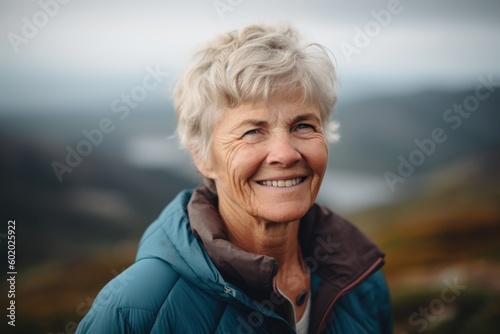 Portrait of smiling senior woman standing in mountains, looking at camera