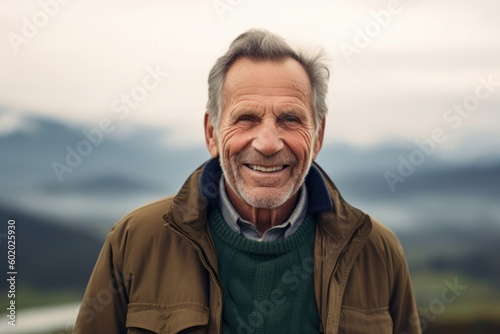 Portrait of smiling senior man looking away while standing on top of mountain