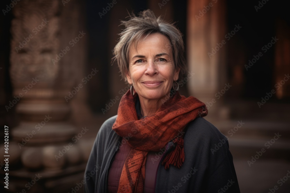 Portrait of a beautiful middle-aged woman with short hair wearing a scarf