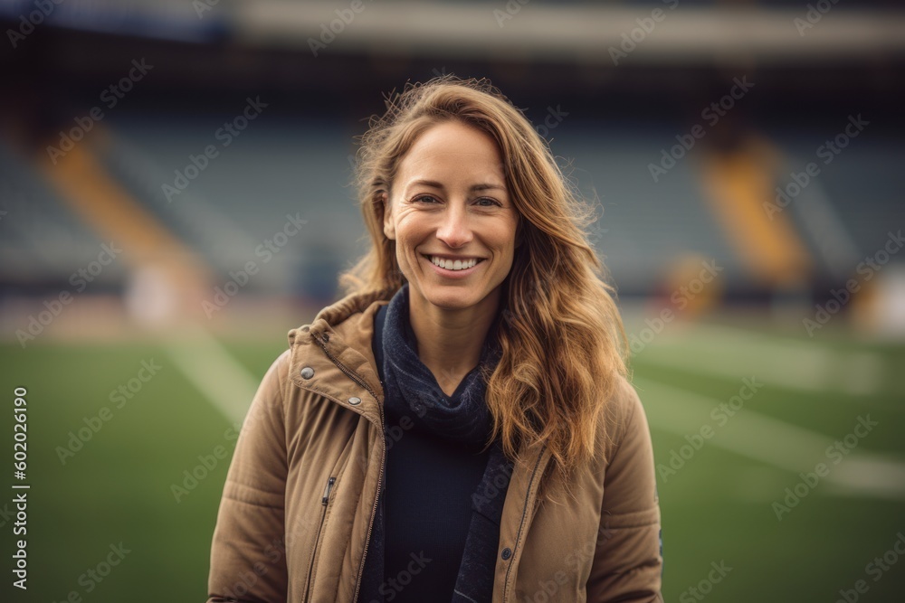 Fototapeta premium Portrait of smiling woman standing against football stadium at the day time