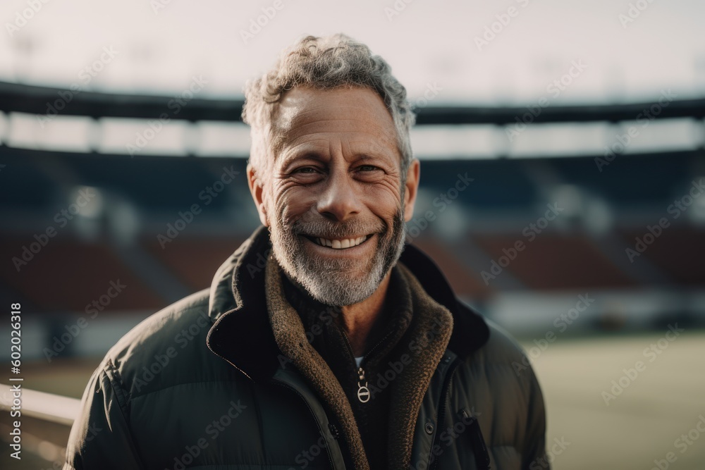smiling middle aged man looking at camera while standing on sports ground