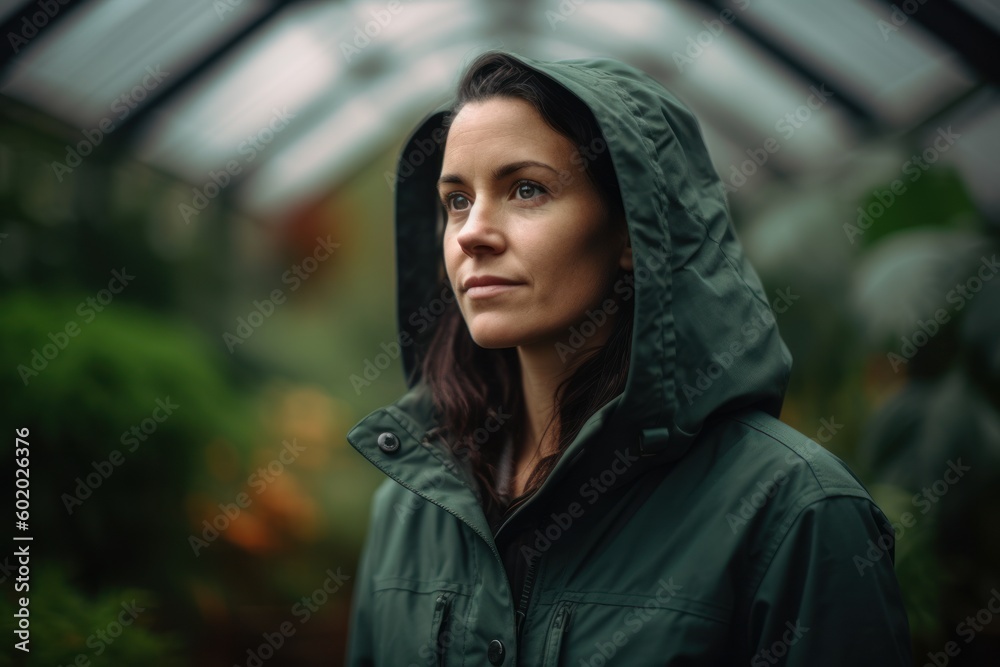 Young beautiful woman in a raincoat in a greenhouse on a rainy day Young beautiful woman in a raincoat in a greenhouse on a rainy day