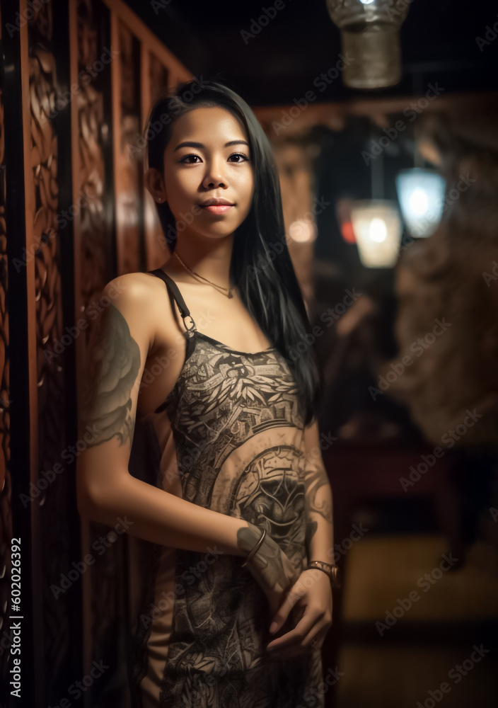 A tattoo Asian model with intricate Dayak inspired body art poses in front of a dark background, evoking a sense of tribal mystery and allure. generative AI A tattoo Asian model with intricate Dayak inspired body art poses in front of a dark background, evoking a sense of tribal mystery and allure. generative AI
