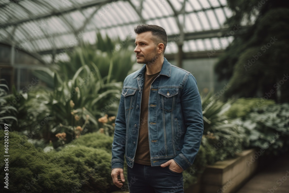 Portrait of a young handsome man in a denim jacket in a greenhouse