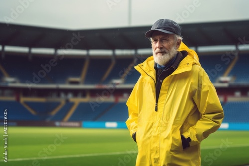 Portrait of senior man in yellow raincoat standing at soccer stadium