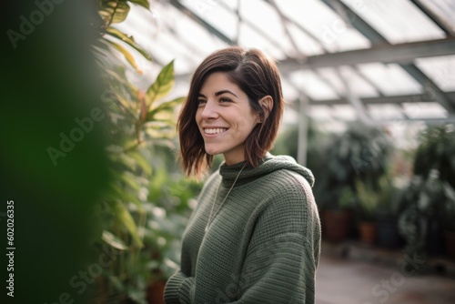 Portrait of a smiling young woman standing in a greenhouse with plants