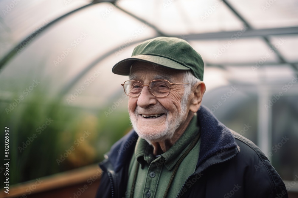 Portrait of smiling senior man wearing cap and looking at camera in greenhouse
