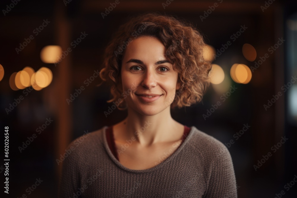 Portrait of a beautiful young woman with curly hair in a cafe Portrait of a beautiful young woman with curly hair in a cafe