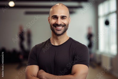 Medium shot portrait photography of a grinning man in his 30s wearing a smart pair of trousers against a yoga studio or wellness background