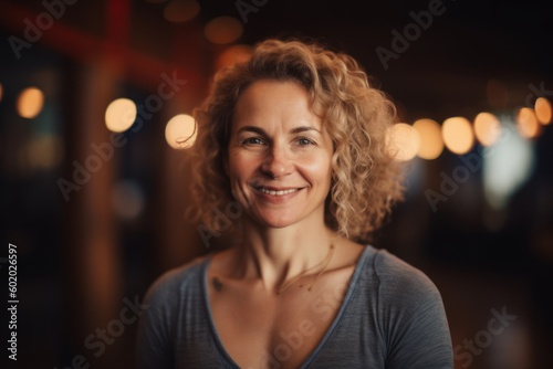 Portrait of a beautiful smiling woman with curly hair in a cafe
