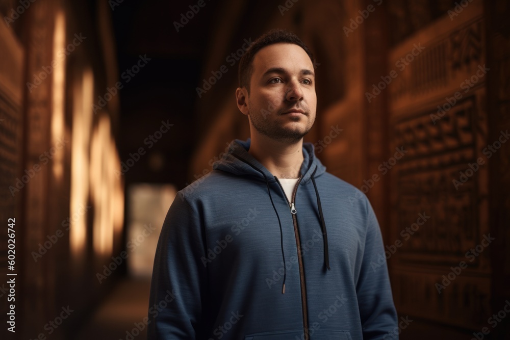 Portrait of a young man in a dark tunnel, looking away Portrait of a young man in a dark tunnel, looking away