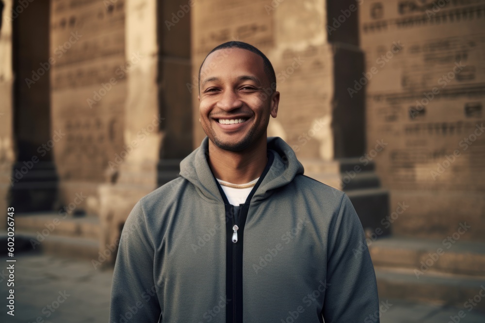 Medium shot portrait photography of a pleased man in his 30s wearing a comfortable tracksuit against an ancient egyptian or hieroglyphics background. Generative AI Medium shot portrait photography of a pleased man in his 30s wearing a comfortable tracksuit against an ancient egyptian or hieroglyphics background. Generative AI