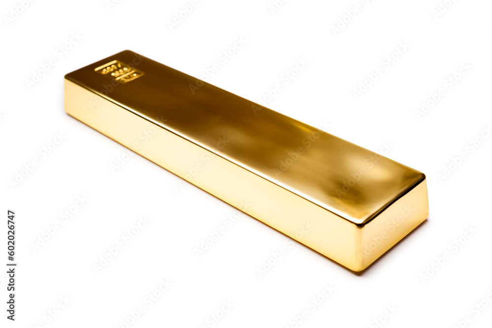 An unadorned gold bar sits on a plain white backdrop in studio lighting, free from any text or markings. generative AI.