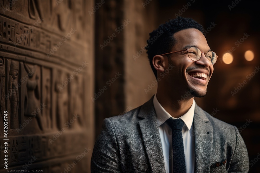 Lifestyle portrait photography of a cheerful man in his 30s wearing a classic blazer against an ancient egyptian or hieroglyphics background. Generative AI Lifestyle portrait photography of a cheerful man in his 30s wearing a classic blazer against an ancient egyptian or hieroglyphics background. Generative AI