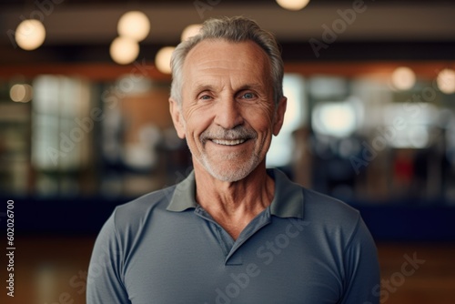 Portrait of smiling senior man in sportswear standing in gym