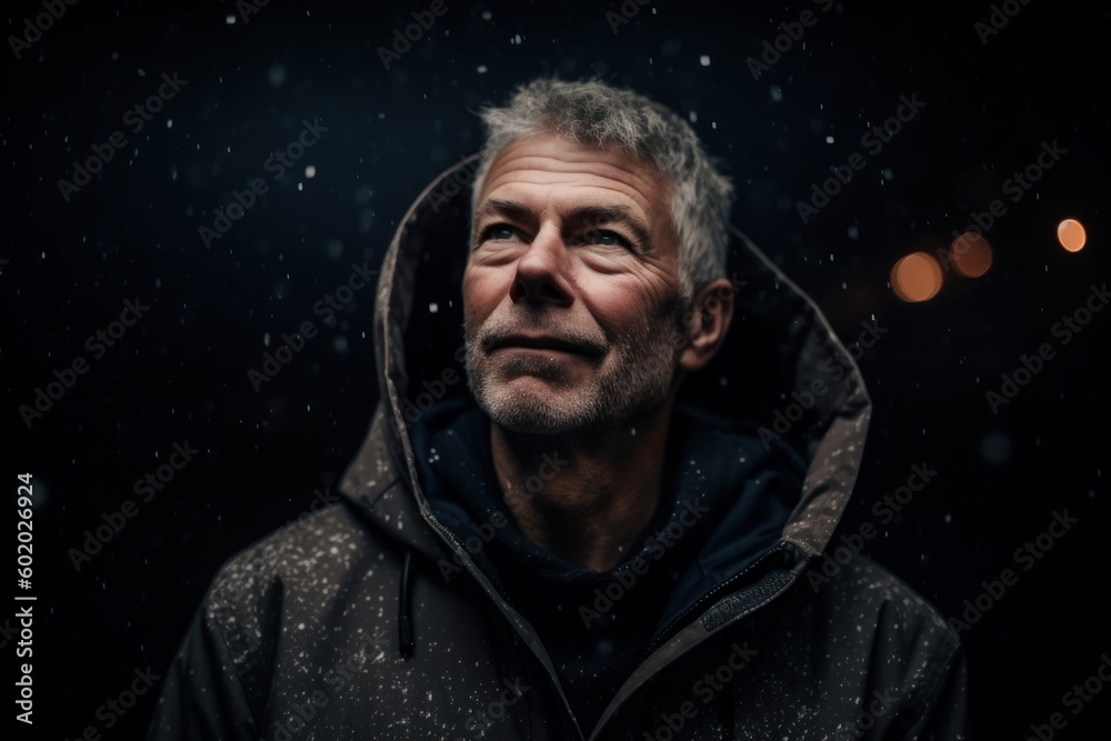 Portrait of a senior man with a hood in the rain. Portrait of a senior man with a hood in the rain.