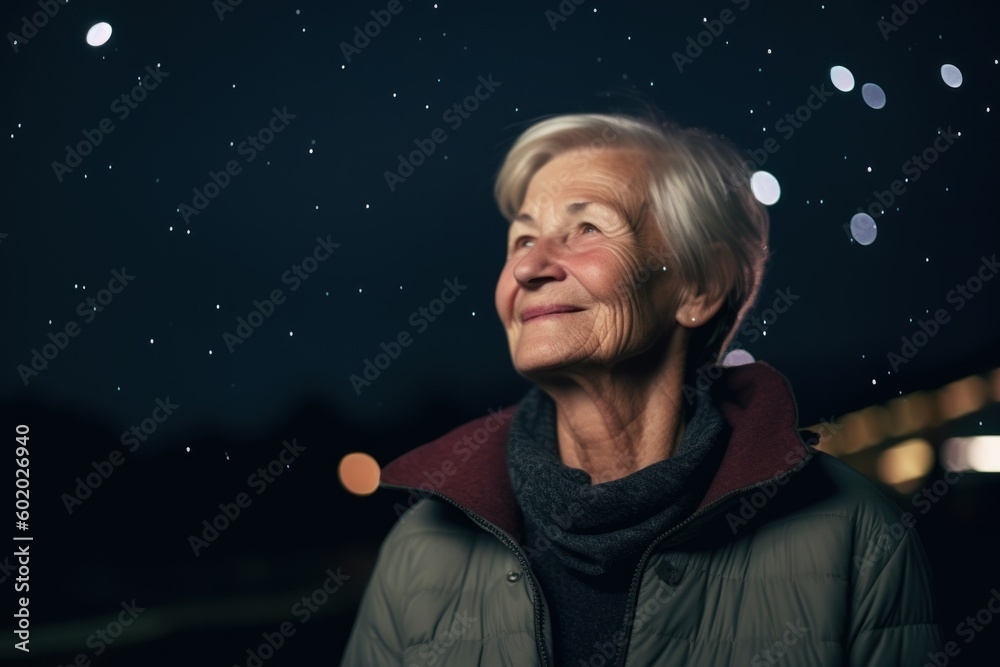 Portrait of a senior woman in the city at night with stars