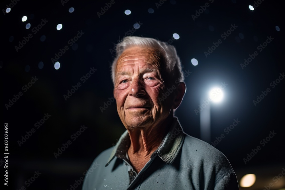 Portrait of an elderly man in a park at night. Selective focus.