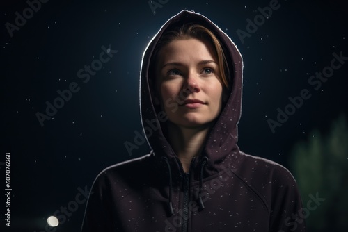 Portrait of a young woman in a hood on a dark background