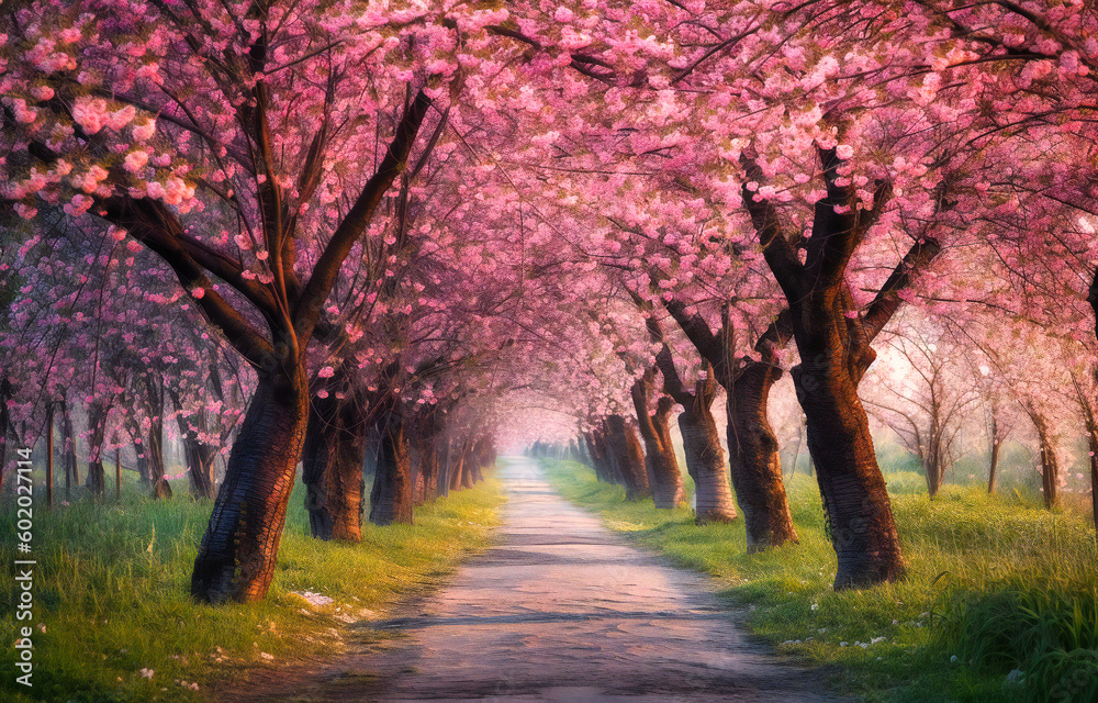 rows of pink tree are on the path by a spring blooming tree
