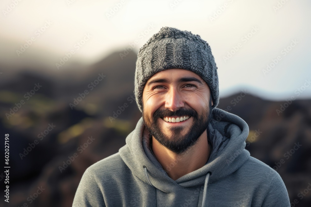 Portrait of a smiling man in cap and hood standing on rocky beach Portrait of a smiling man in cap and hood standing on rocky beach