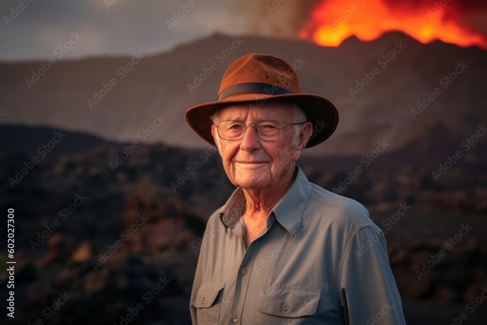 Portrait of an elderly man with a hat in the middle of a volcanic eruption