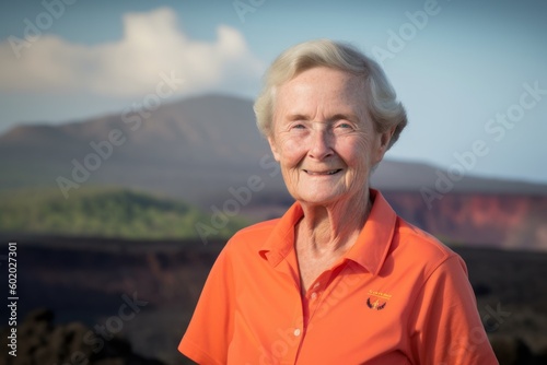 Environmental portrait photography of a grinning woman in her 70s wearing a sporty polo shirt against a volcano or lava background. Generative AI