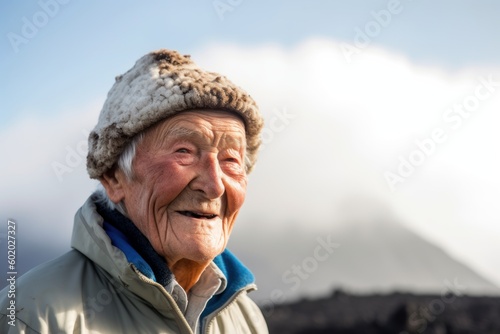 Portrait of an elderly woman in a hat against the background of the volcano.