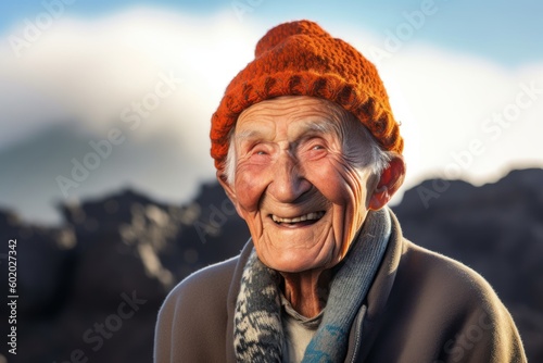 Portrait of an elderly woman in a knitted hat and scarf