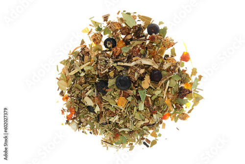 Incense blend of frankincense (olibanum), myrtle, juniper, amber, camphor and rosemary, traditionally used for cleansing rituals. Overhead view, isolated on white background. photo