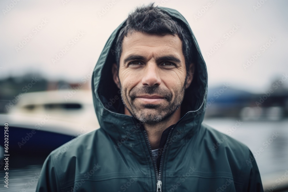 Portrait of a handsome middle-aged man in a raincoat on the pier Portrait of a handsome middle-aged man in a raincoat on the pier