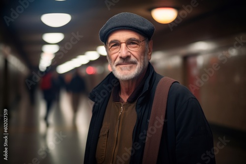Portrait of a senior man with a gray beard and a beret in the subway