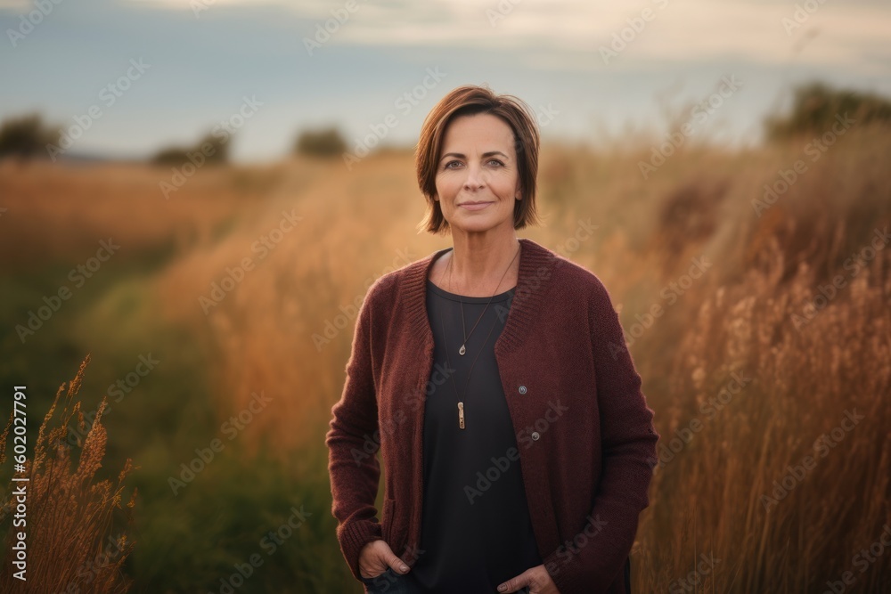 Portrait of a middle-aged woman in a field at sunset