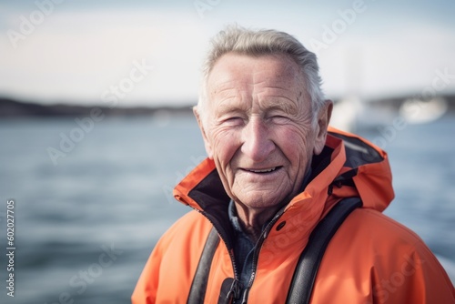 Portrait of senior man in orange jacket on the seashore © Robert MEYNER