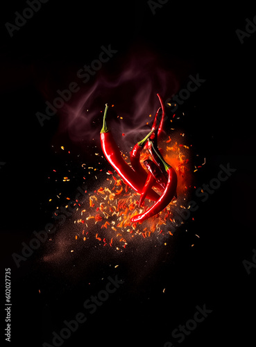 The spicy chilies are swirling together, twisting into a fiery explosion on a dark black background. generative AI.