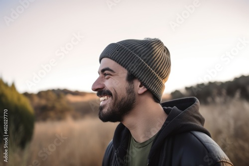 Portrait of a smiling young man in a hat and jacket standing in the field. © Robert MEYNER