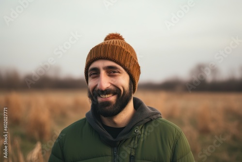 Portrait of a bearded man in a green jacket and a brown hat in the field.