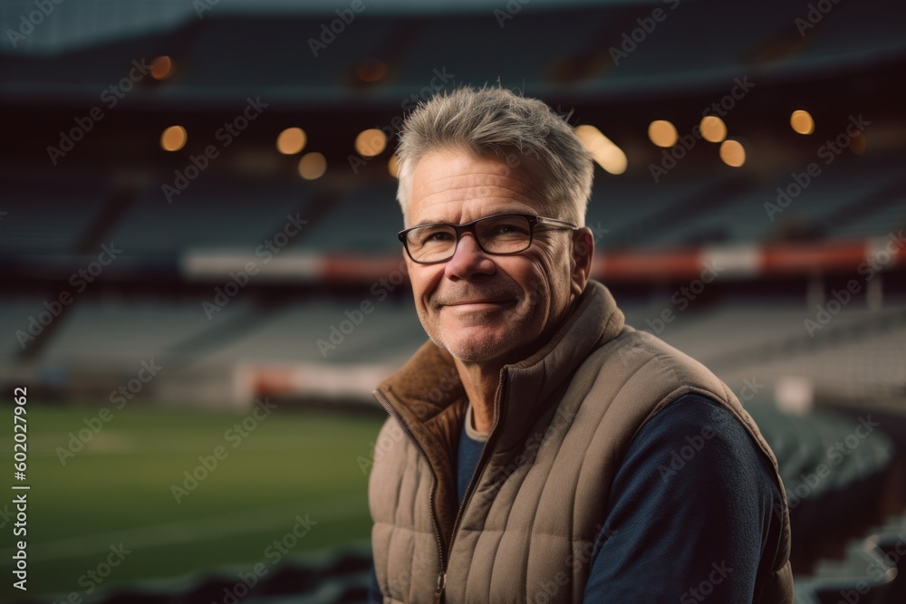 Portrait of senior man with eyeglasses smiling at camera while standing in football stadium Portrait of senior man with eyeglasses smiling at camera while standing in football stadium